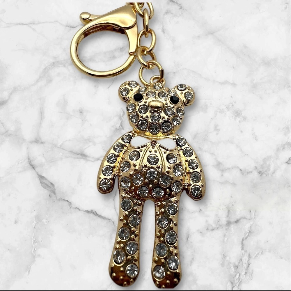 Gold Toned Coquette 2” Teddy Bear Keychain with Clear Rhinestones and Bow